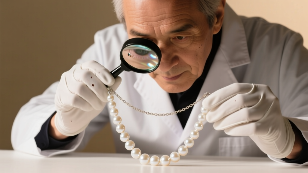 Gemologist using a 10x loupe to inspect a white pearl necklace for surface blemishes and drill holes under bright light.