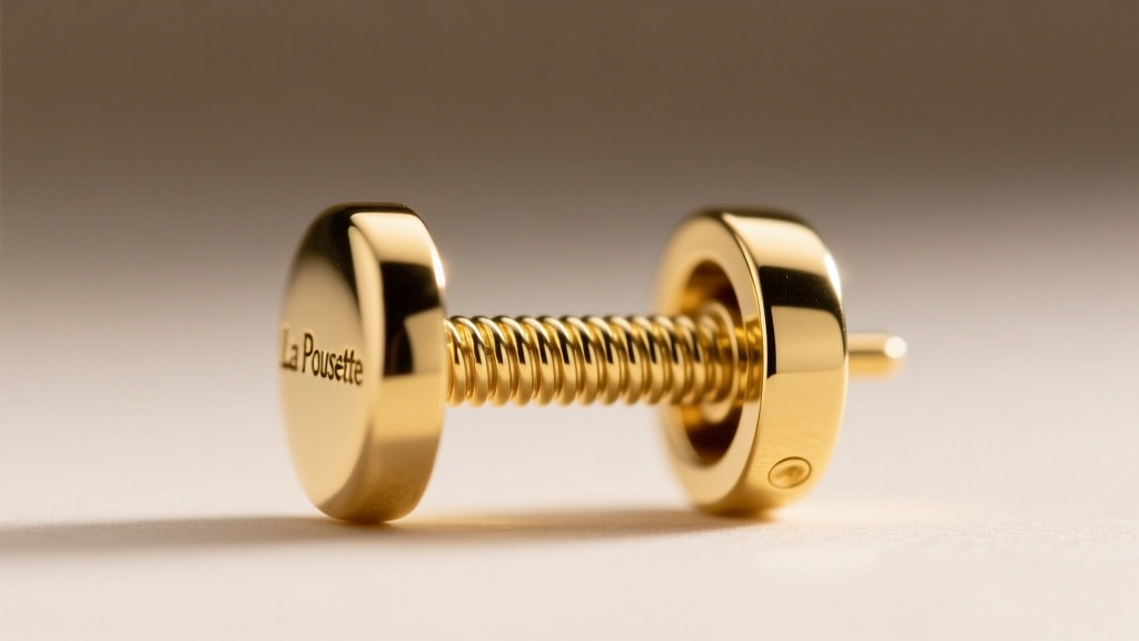 Macro shot of an 18k gold earring post with a La Pousette locking back, highlighting the spring-loaded grooves and secure fit.