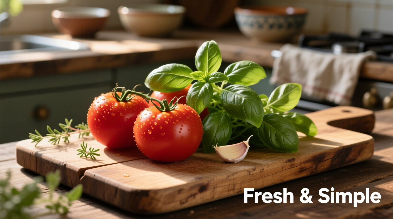 Fresh tomatoes and basil on wooden cutting board