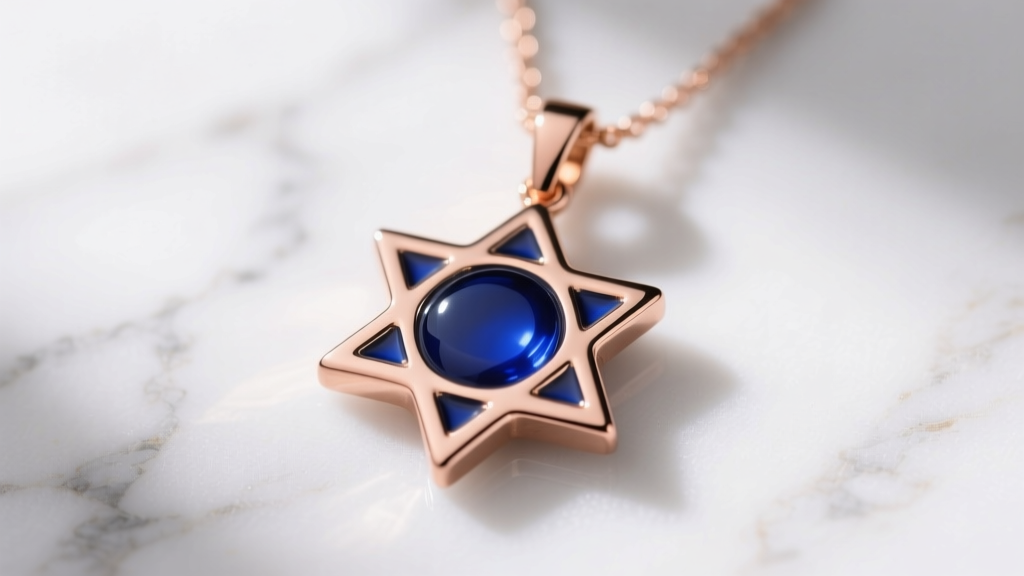 Macro shot of a modern Jewish chai symbol necklace crafted in rose gold with deep cobalt blue enamel inlay against white marble