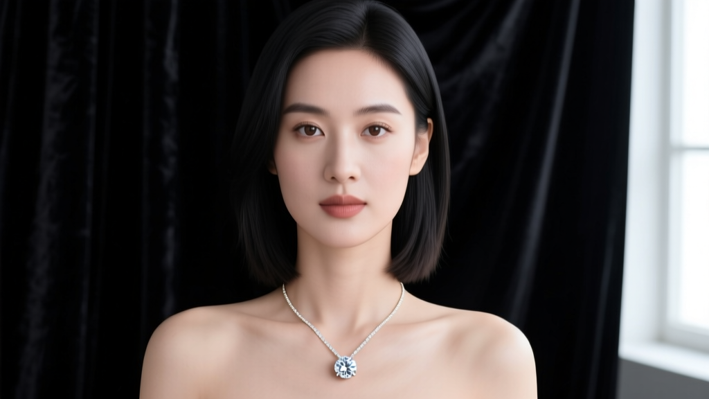 Elegant woman wearing a round brilliant solitaire diamond pendant on a delicate white gold chain against a dark velvet backdrop