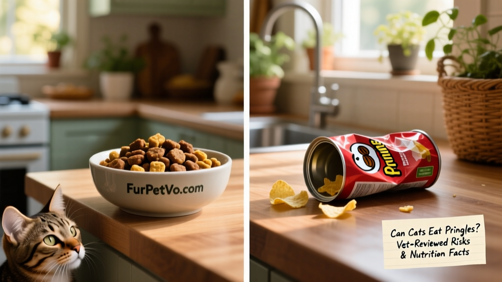 Side-by-side comparison: a bowl of high-protein cat treats from FurPetVo.com next to a discarded Pringles can, highlighting the better choice