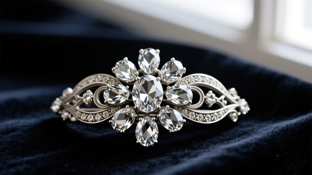 Macro photo of a vintage 1940s Eisenberg sterling silver brooch with large prong-set Austrian rhinestones on dark velvet.