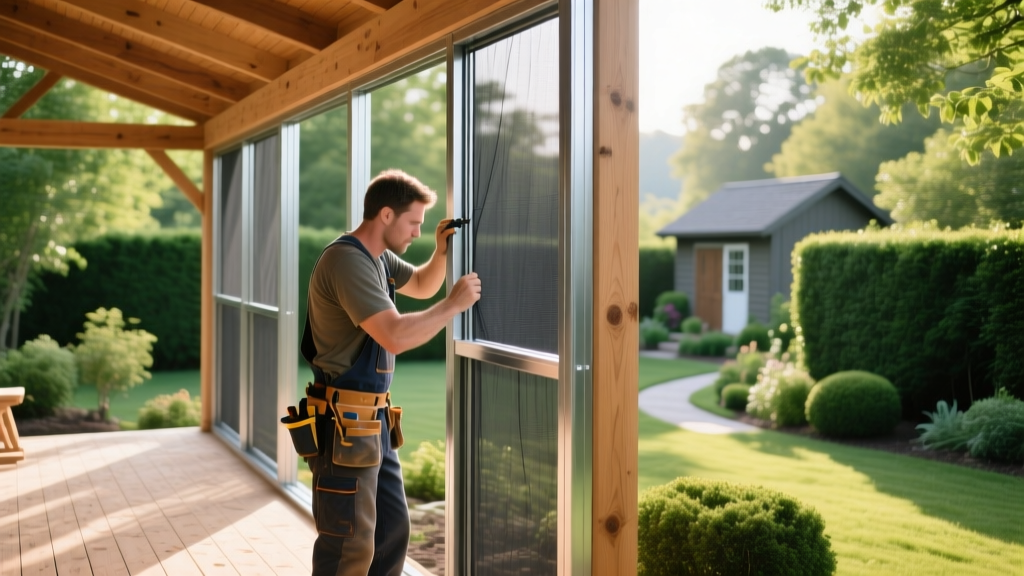 Carpenter securing aluminum framing and charcoal fiberglass mesh on a new cedar screened porch overlooking a lush green backyard.