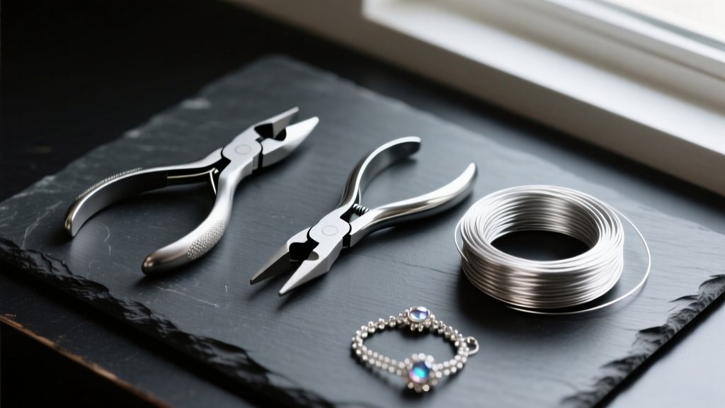 Jewelry pliers, flush cutters, and spools of 20-gauge argentium silver wire resting on a dark slate crafting workspace from above.