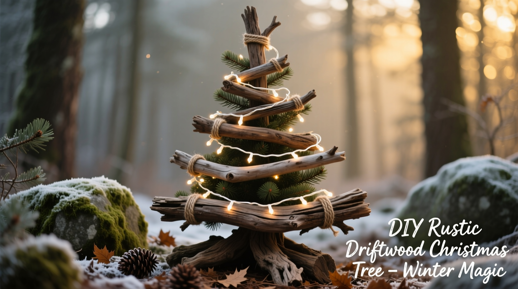 how to make a rustic christmas tree from driftwood and string lights