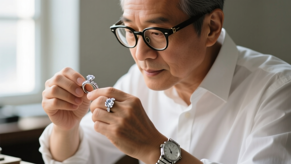 Close-up of a jeweler's hands using a loupe to inspect a VVS1 clarity round brilliant diamond against a dark velvet grading tray