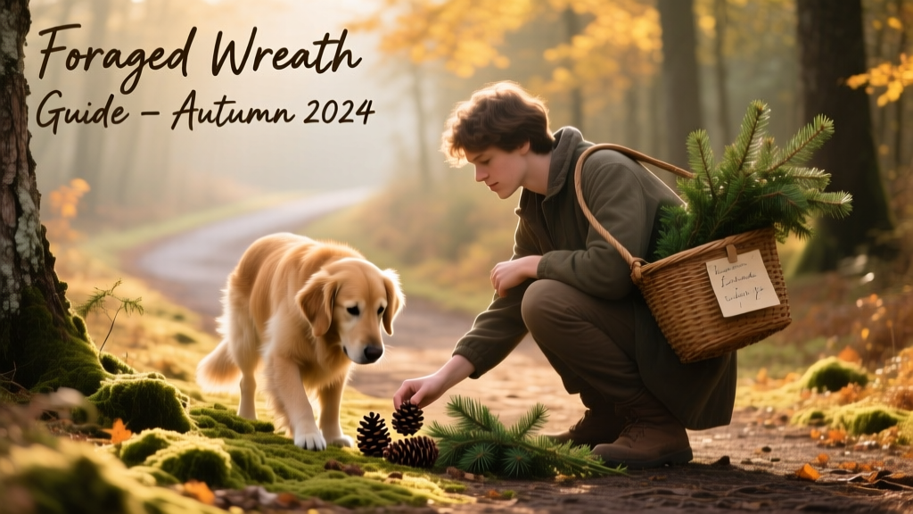 A person and their dog walking along a forest path, collecting pinecones and greenery