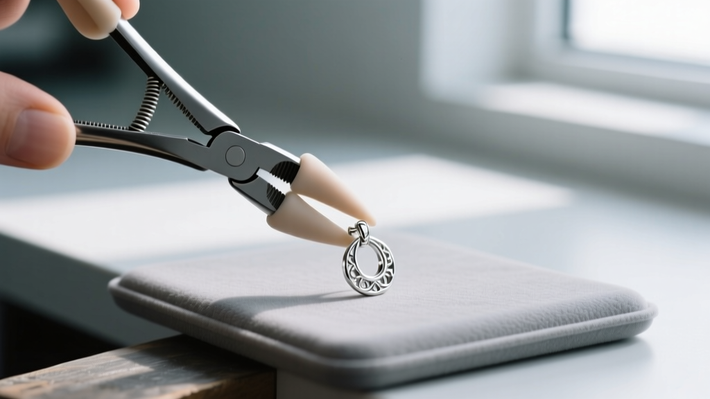 Silicone-tipped hemostats clamping a silver earring clutch, demonstrating safe mechanical leverage on a padded jeweler workbench.