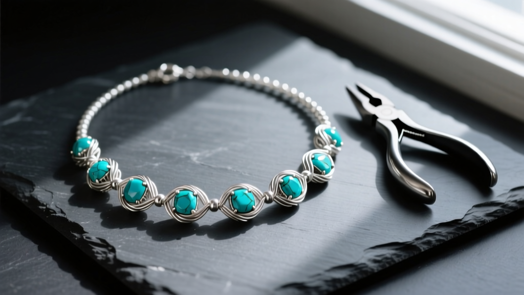 Overhead flat-lay of a finished silver wire bead necklace with turquoise stones on a dark slate workspace next to jewelry pliers