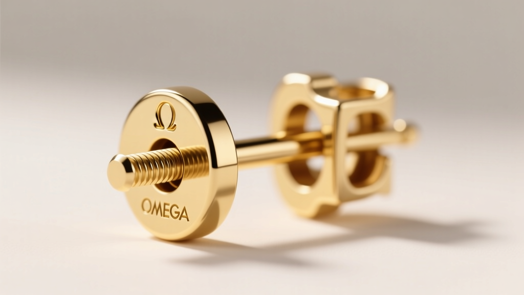 Macro shot of an 18k gold omega clip earring back, showing the adjustable tension screw and secure locking mechanism in bright light.
