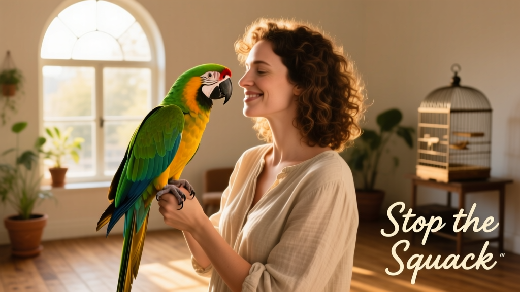 A person calmly holding a parrot while smiling, both engaged in quiet interaction