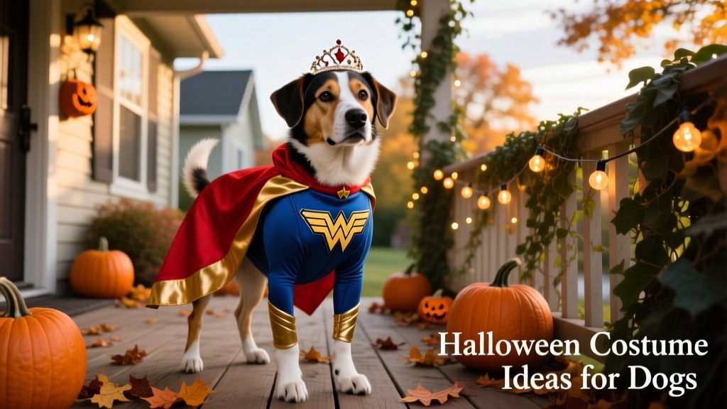 A medium-sized mixed-breed dog wearing the FurPetVo Wonder Woman costume, standing proudly on a porch decorated with pumpkins and string lights