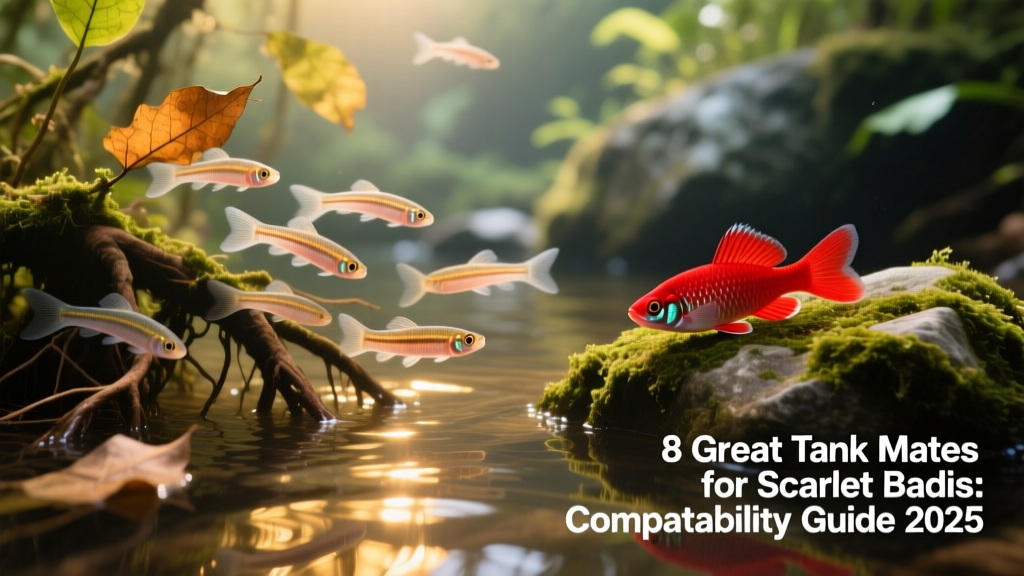 Kuhli loaches weaving through submerged roots and fallen leaves, with a Scarlet badis resting nearby on a moss-covered stone