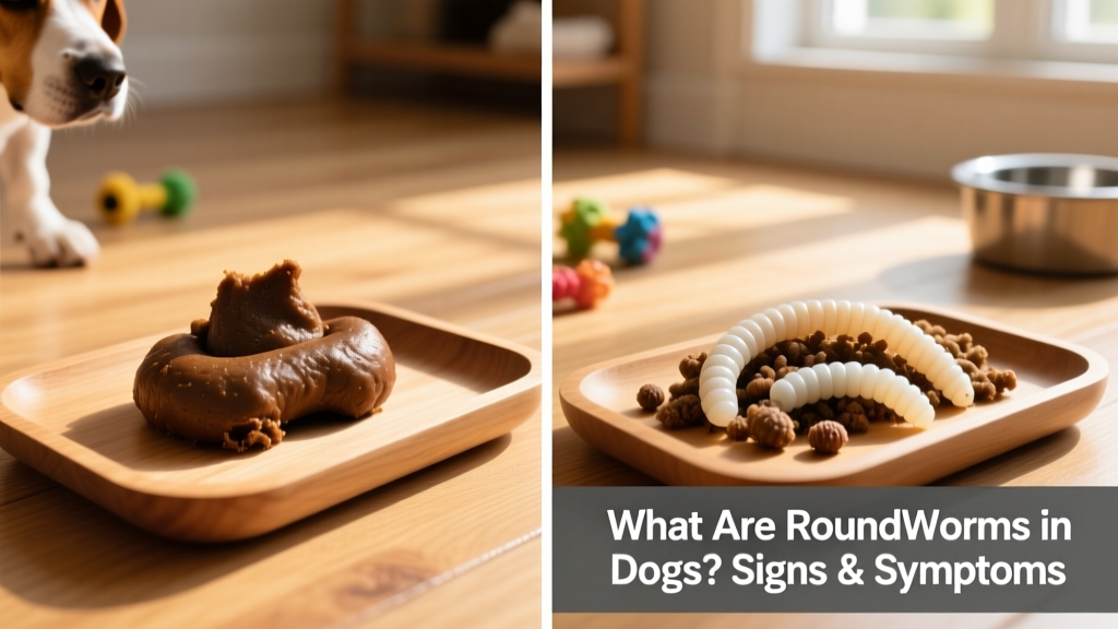 Side-by-side comparison: healthy dog stool vs. stool containing visible roundworms