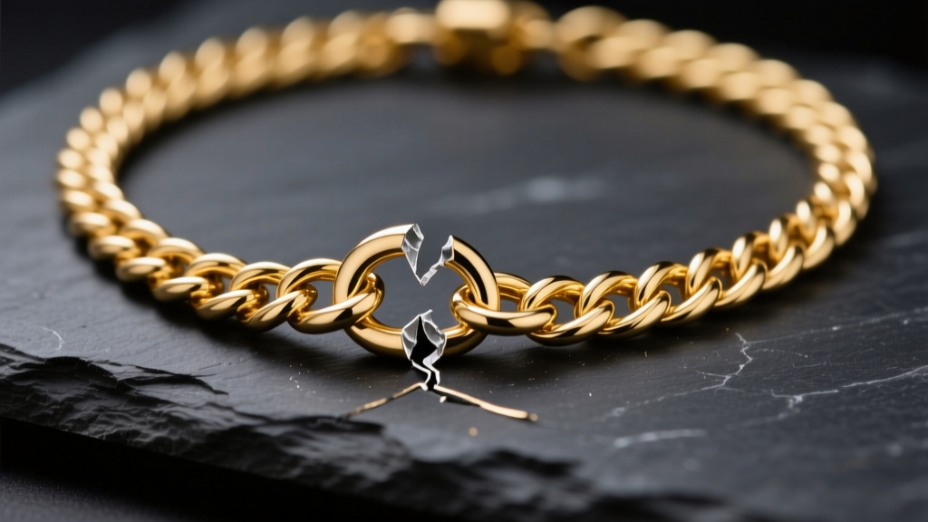 Macro photo of a broken 18k gold rope chain necklace with a fractured jump ring, resting on dark slate under studio lighting