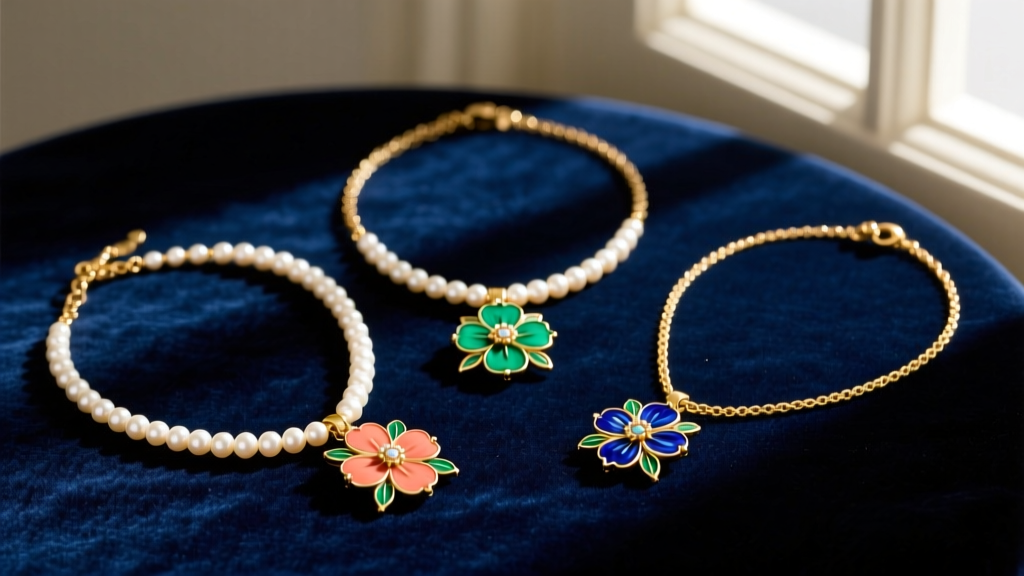 A flat lay of three vintage Avon gold-tone necklaces with faux pearls and enamel floral pendants on a dark velvet background.