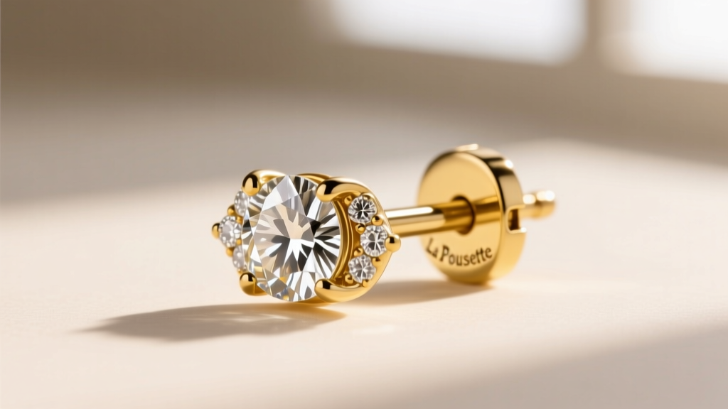 Macro view of a 14k yellow gold martini-set diamond stud earring with a secure La Pousette locking backing mechanism on the post.