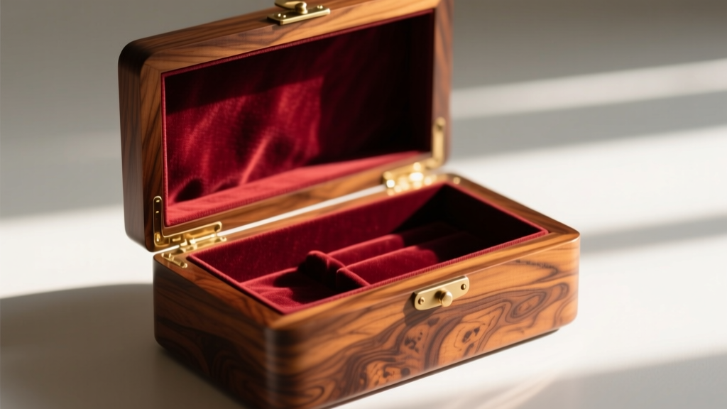 Close-up of a vintage wooden music jewelry box with burl walnut veneer, open to reveal burgundy velvet lining.