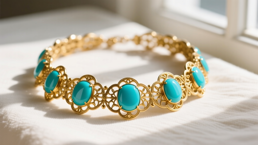 A vibrant vintage Les Bernard gold-tone collar necklace featuring large turquoise resin cabochons and intricate filigree metalwork.