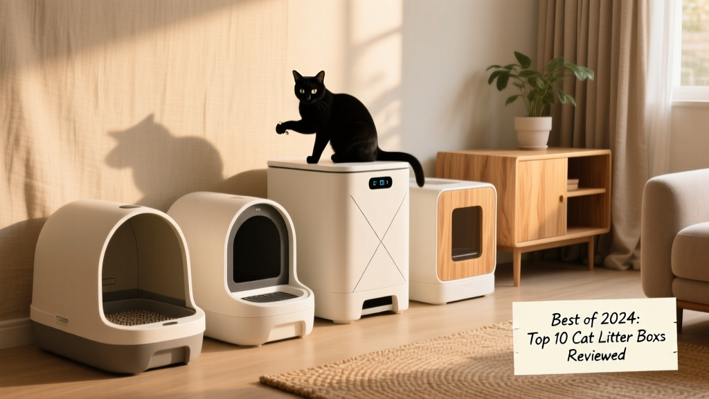 Five different FurPetVo litter boxes arranged side-by-side: hooded corner, high-sided open pan, smart self-cleaning unit, minimalist high-walled box, and furniture-style hidden unit