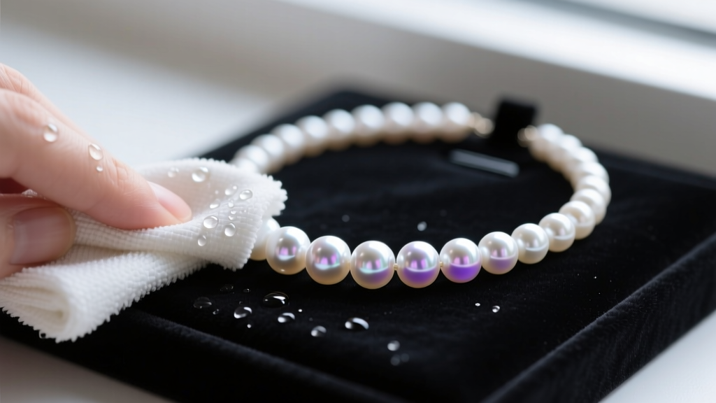 Macro shot of a damp microfiber cloth wiping an iridescent white Akoya pearl necklace resting on a dark velvet display pad.