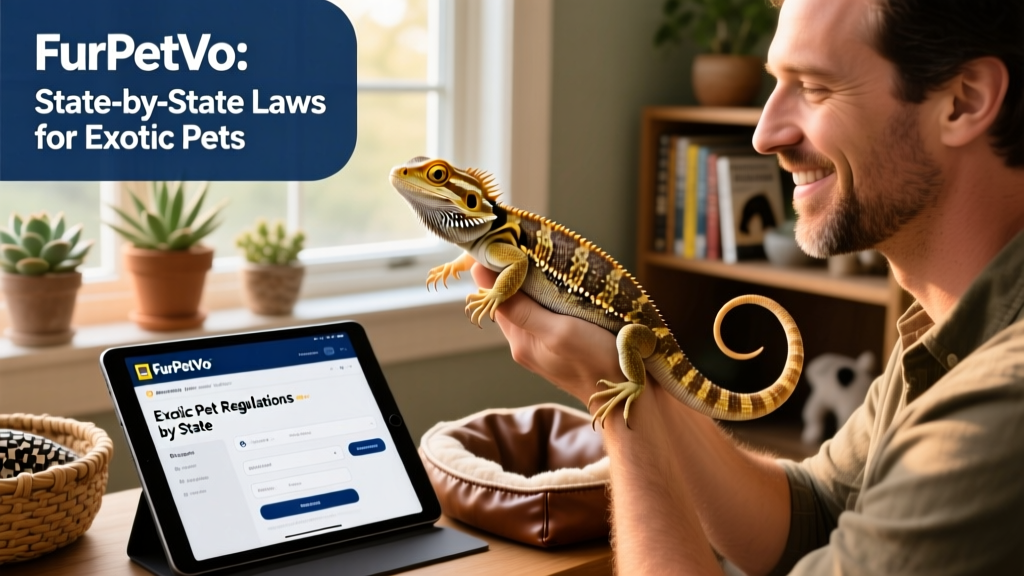 A person gently holding a bearded dragon while consulting a tablet showing FurPetVo's state law database