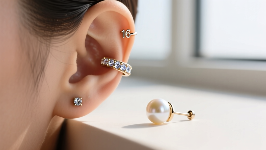 Curated ear stack showing 16-gauge cartilage hoop with rhinestones paired with a lobe stud featuring a single baroque pearl