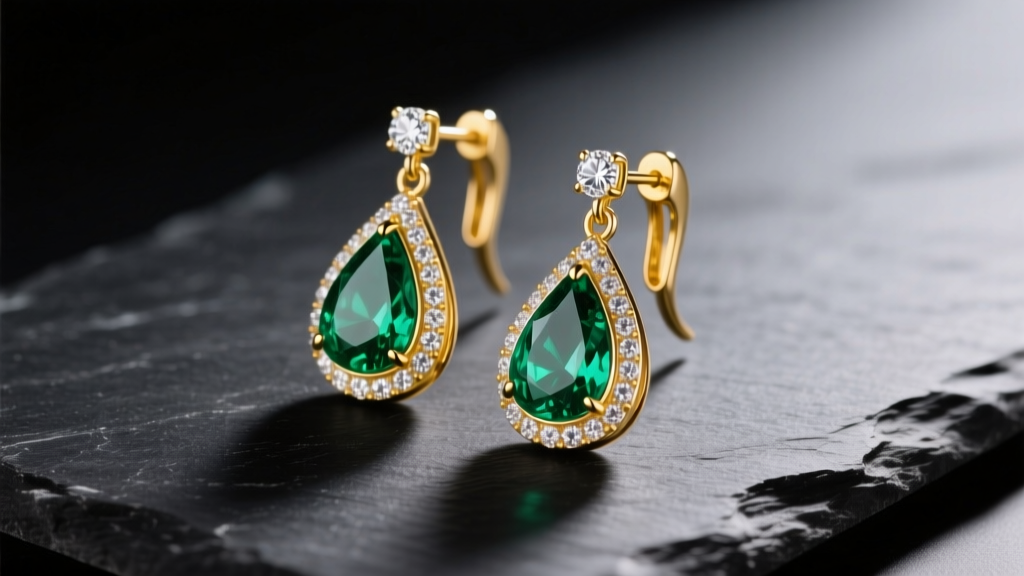 Pear-cut emerald and diamond drop earrings in 18k yellow gold resting on dark slate under soft directional studio lighting detail