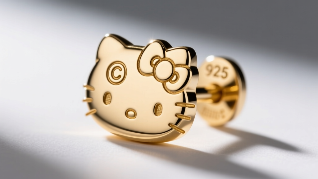 Loupe view of a Hello Kitty earring clasp showing precise micro-stamping of the copyright logo next to a 925 silver purity mark.