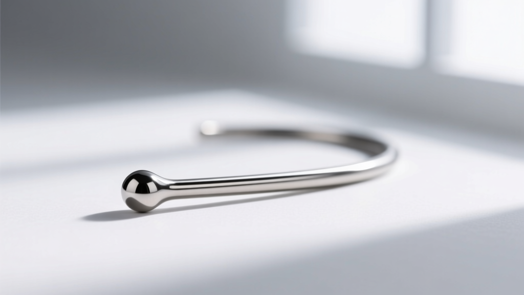 Macro shot of a 22-gauge implant-grade titanium ear wire highlighting its smooth polished surface and rounded blunt tip on white