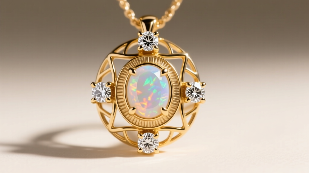 Detailed view of a multi gem gold pendant showing secure bezel settings for soft opals and four-prong settings for hard diamonds.
