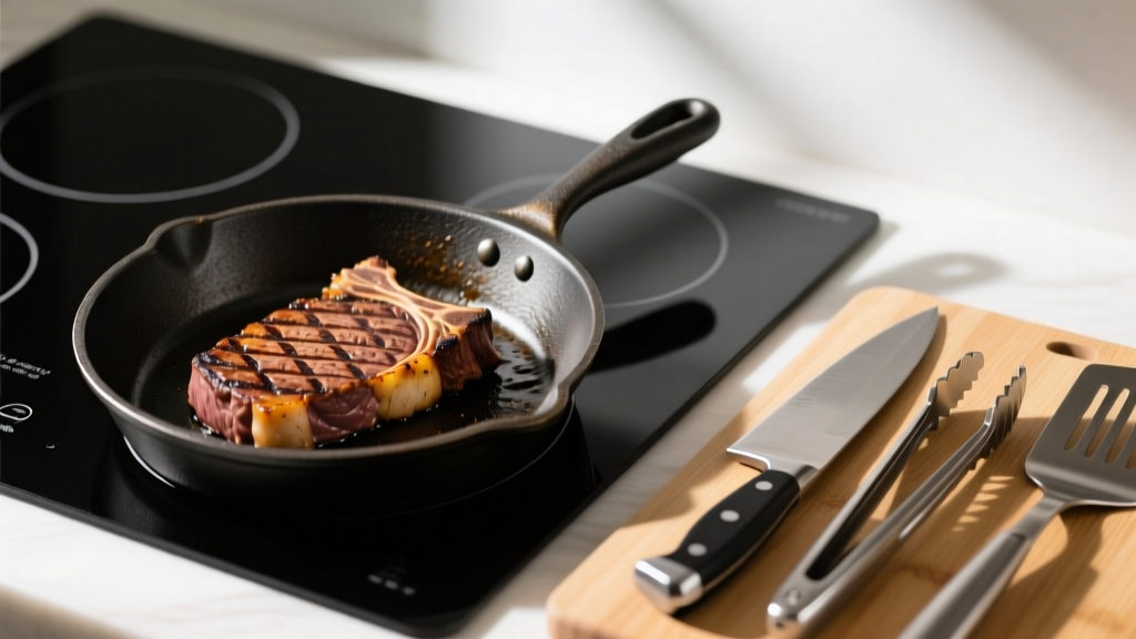 Matte black induction cooktop searing steak in seasoned carbon steel skillet beside a bamboo cutting board and stainless steel culinary tools