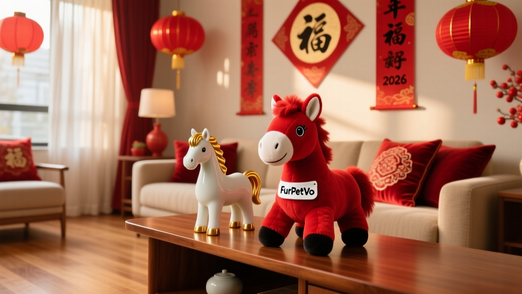 A cozy living room decorated for Lunar New Year with red accents, a small horse figurine on a shelf, and a FurPetVo-branded plush toy nearby