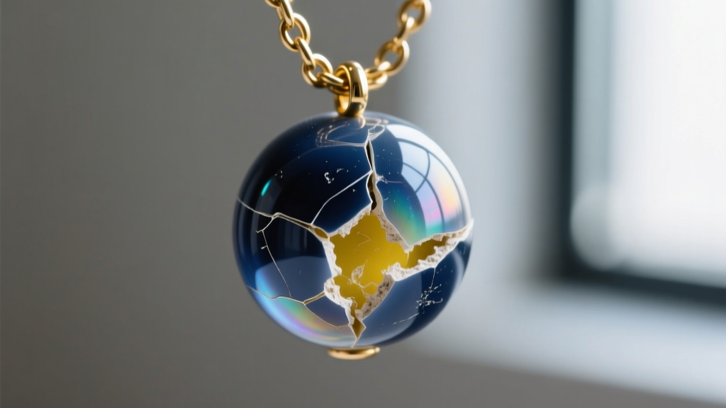 Macro close-up of a chipped navy epoxy resin bubble bead on a brass chain, revealing the raw yellowed adhesive layer underneath it.