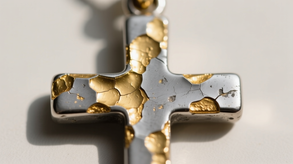Macro photo of a zinc alloy cross pendant with peeling gold flash plating, revealing the dull grey base metal underneath worn edges.