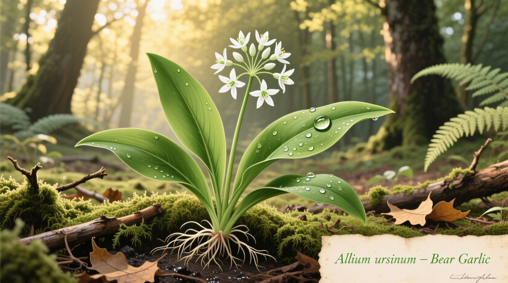 Fresh bear garlic leaves and flowers in woodland setting