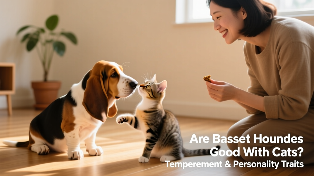 A Basset Hound puppy gently sniffing a seated kitten while an owner watches nearby with treats