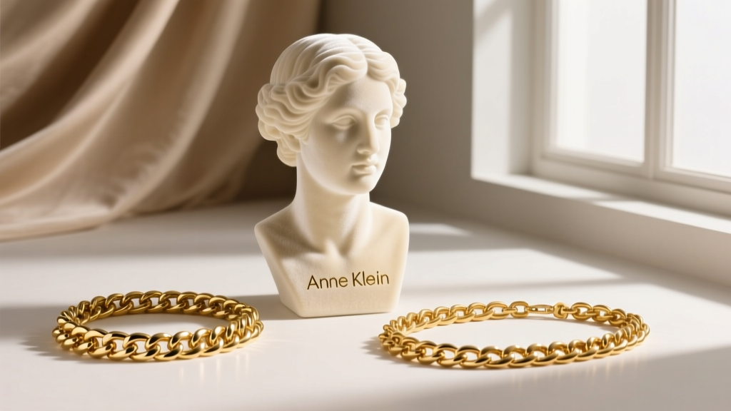 Velvet bust showing an Anne Klein gold-plated chain beside a 14k solid gold chain, highlighting differences in color and texture.
