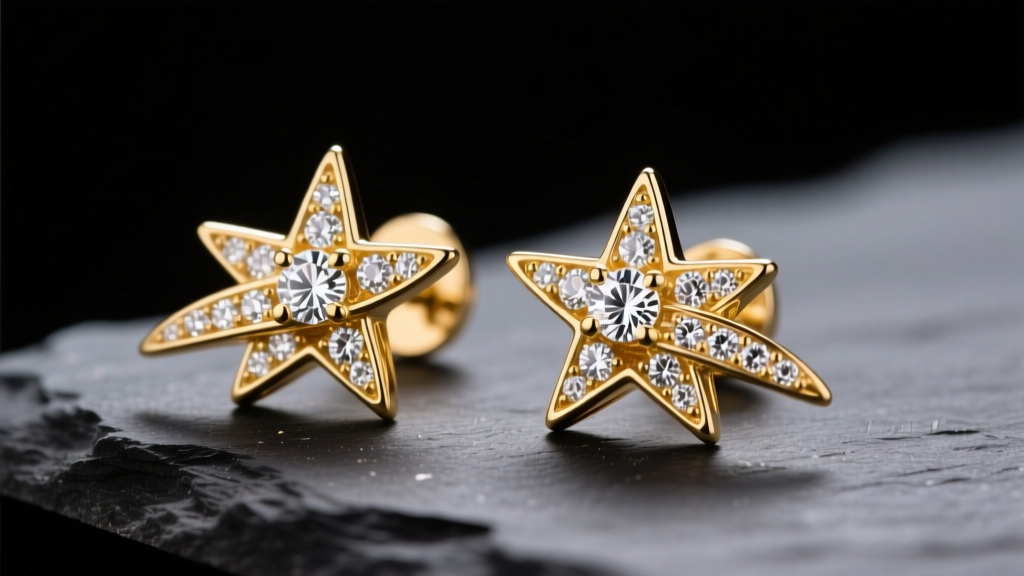 Macro shot of 14k solid gold shooting star earrings with diamond-encrusted tails, resting on dark slate under soft studio lighting