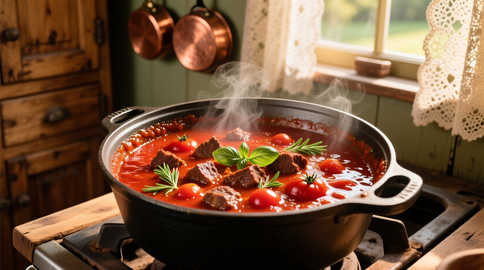 Classic beef tomato sauce simmering in cast iron pot