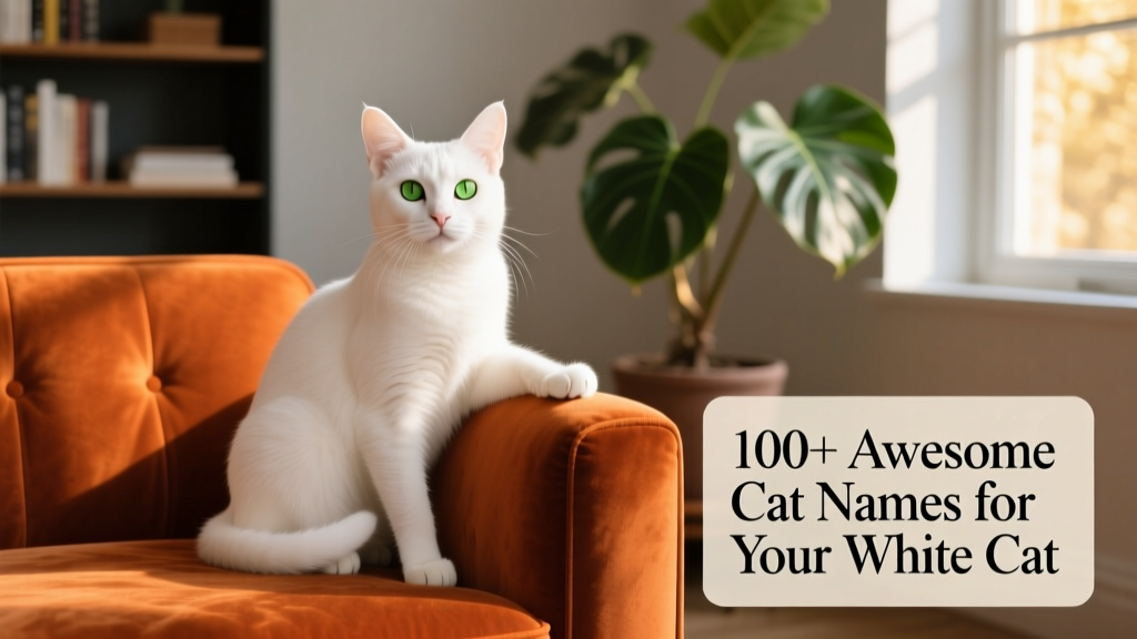 white exotic shorthair cat sitting on an orange sofa