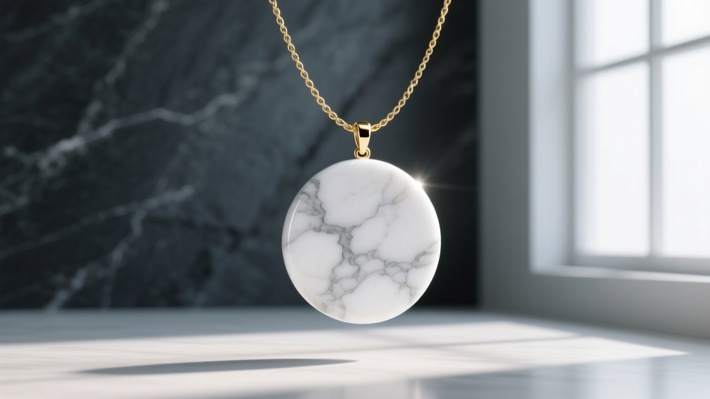 Polished white Carrara marble pendant with subtle gray veining on an 18k gold vermeil cable chain against a dark slate background.