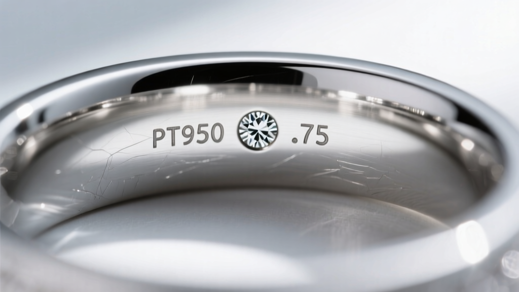 Extreme macro photography of a platinum ring shank interior showing a crisp PT950 metal stamp and a tiny .75 diamond weight stamp.