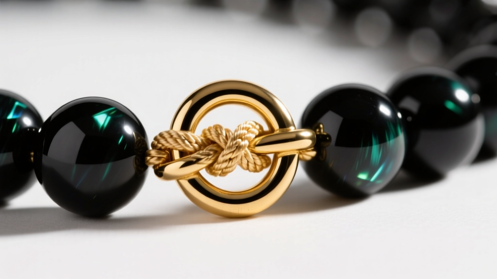 Close-up of a 14k gold-filled toggle clasp secured with French-knotted silk cord on a heavy 8mm black tourmaline bead necklace