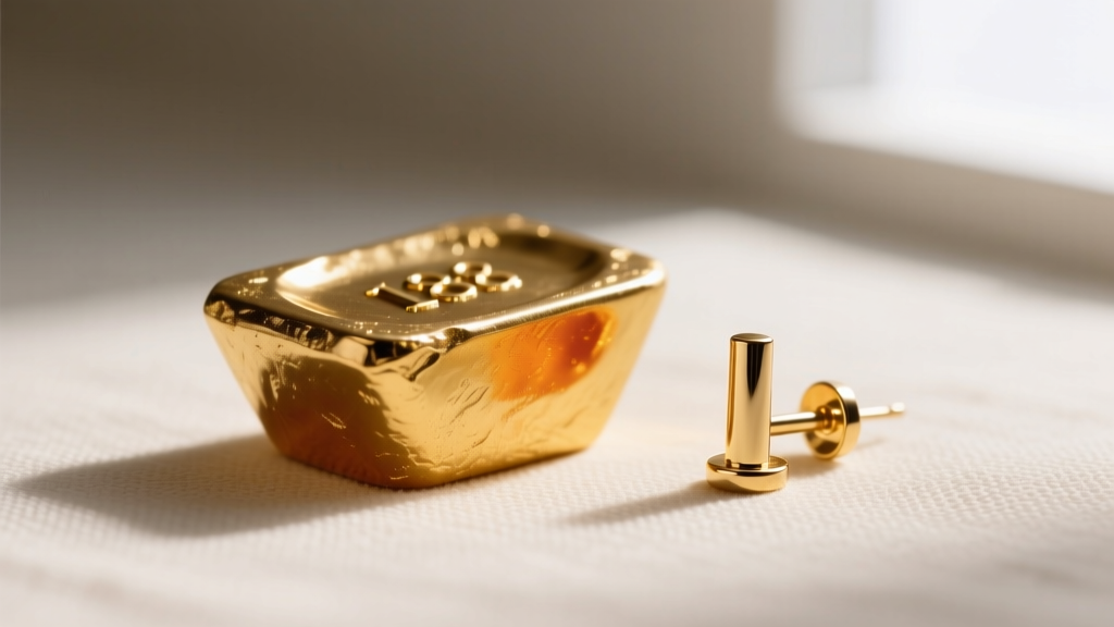 Macro shot of an 18k gold alloy ingot beside a polished 14k gold earring post, highlighting subtle warm color differences.