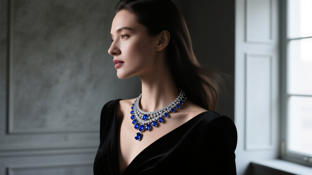 Side profile of a female in a black evening gown showcasing a rented platinum and sapphire choker necklace in a dimly lit room