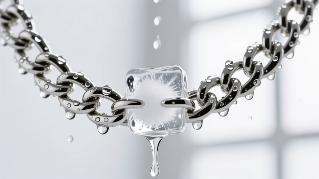Ice cube rapidly melting on a thick real silver chain necklace, with condensation and water droplets forming on the bright metal.
