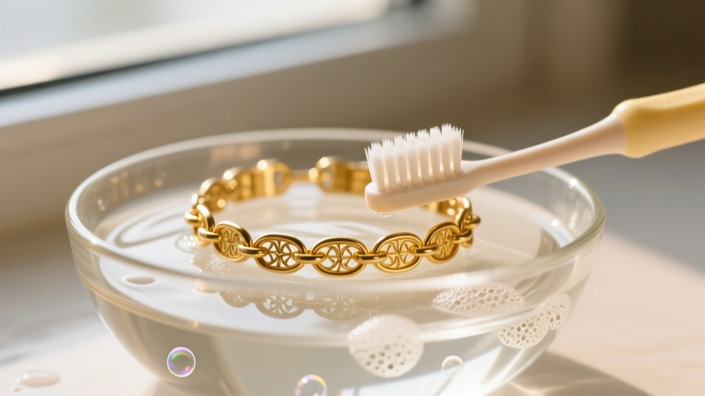 Soft bristle baby toothbrush gently cleaning a delicate gold-filled bracelet link in a shallow glass bowl of mild soapy water