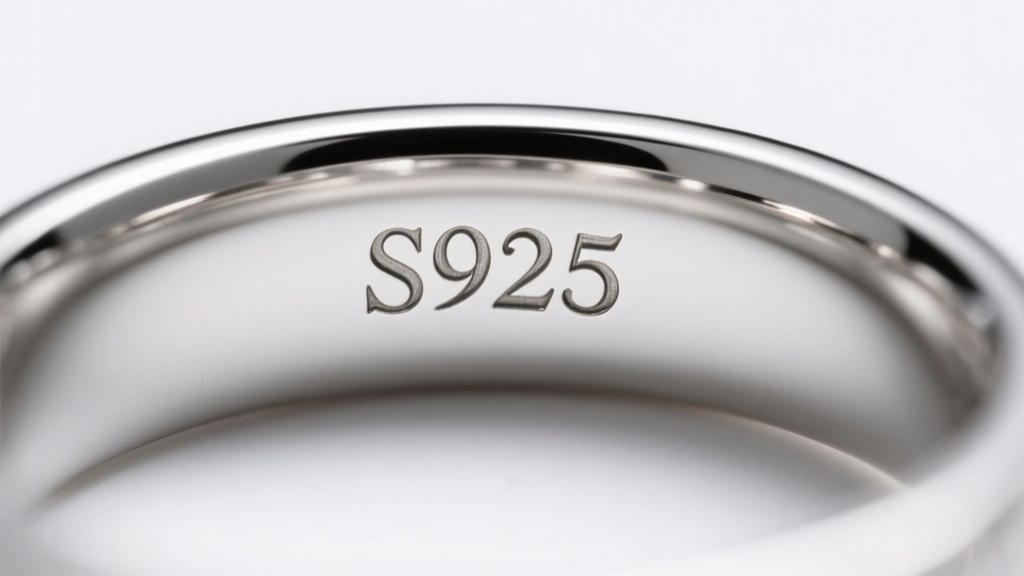 Macro shot of a stamped S925 hallmark on the inner band of a polished sterling silver ring, illuminated by soft studio lighting.